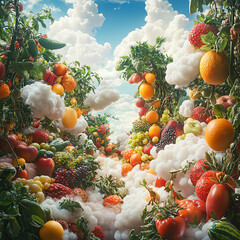 Vibrant assortment of fresh fruits and vegetables amidst clouds under a bright blue sky, creating a surreal and whimsical scene.