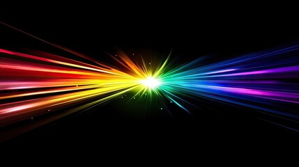 Poster - Abstract representation of rainbow-colored light rays on a black background, creating a vibrant and dynamic visual effect, perfect for illustrations with ample copy space.