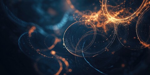 Poster - This abstract background showcases a dark theme with stylized circles, lines, and luminous 3D features. It employs a natural color palette, perfect for contemporary artistic wallpaper.