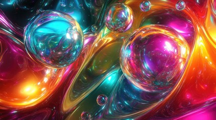 Poster - 3D render of an abstract iridescent background filled with holographic neon colors. Liquid floating shapes and glass spheres create a minimal design perfect for artistic visuals.