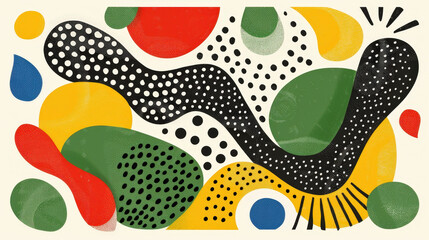 Aufkleber - Modern abstraction featuring vibrant composition of colorful shapes and patterns, including dots, curves, and organic forms that evoke sense of creativity and playfulness