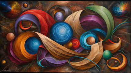 Aufkleber - Vibrant modern abstraction featuring swirling shapes and colorful spheres, evoking sense of cosmic wonder and creativity. dynamic composition captures essence of movement and energy