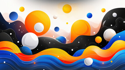 Aufkleber - Vibrant abstract design featuring playful rounded shapes, colorful planets, and flowing waves. composition evokes sense of joy and creativity, perfect for modern decor