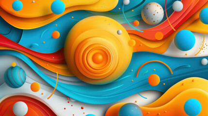 Aufkleber - Vibrant abstract design featuring playful rounded shapes in bright colors, showcasing dynamic composition of swirling waves and celestial elements