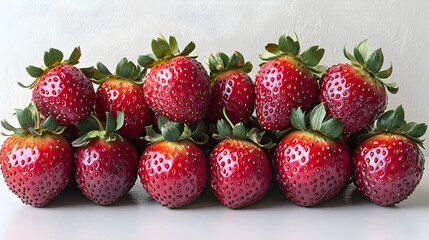 Poster - Close-up view of a group of ripe,juicy,and fresh organic strawberries arranged in a row on a plain white background with green leaves. The strawberries display a vibrant red color and a tempting.