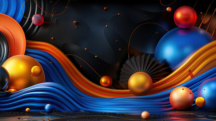 Aufkleber - Dynamic abstract composition featuring colorful spheres and flowing waves in modern design. vibrant colors and shapes create energetic and festive atmosphere