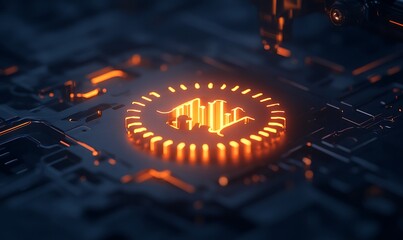 Fototapete - A glowing orange chart icon on a dark, circuit-like background, symbolizing data analysis, technology, and digital innovation.