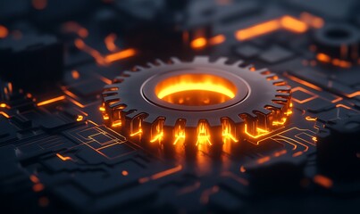 Aufkleber - A close-up of a glowing gear on a circuit board, showcasing vibrant orange highlights against a dark, intricate technology background.