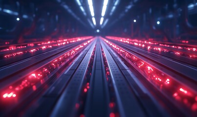 Poster - A futuristic scene featuring glowing red lights along sleek lines in a dark environment, suggesting a high-tech setting or digital landscape.