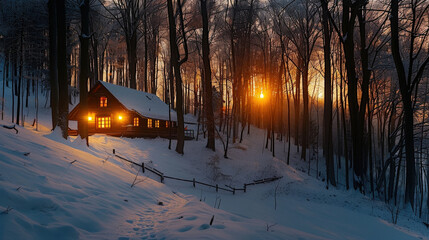 Wall Mural - cozy cabin nestled in snow covered woods, illuminated by warm lights as sun sets behind trees, creating magical winter atmosphere