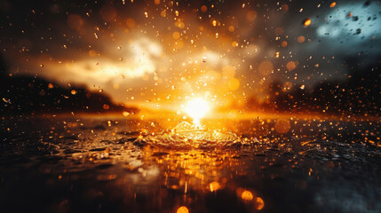 Poster - breathtaking sunset reflecting on water, with raindrops creating ripples and sparkling droplets in foreground. warm glow of sun contrasts beautifully with dark, moody sky, evoking sense of