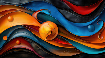 Aufkleber - Whimsical abstraction featuring rounded shapes and vibrant colors, creating dynamic flow of orange, blue, and black tones. design evokes sense of movement and creativity