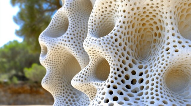 Abstract white organic structure with holes and a blurred background.