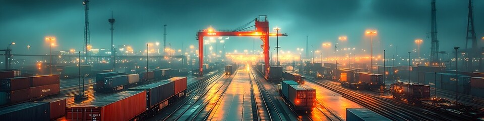 Poster - Dramatic nighttime scene of a bustling cargo shipping and logistics hub,with illuminated container stacks,towering cranes,and a stormy,moody atmosphere. The image captures the scale,complexity.