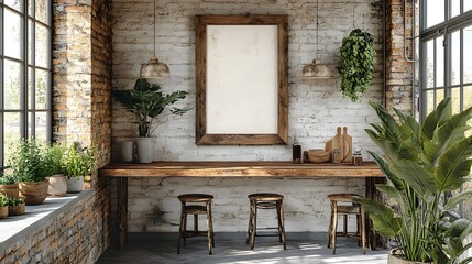 Poster - Farmhouse Style Whitewashed Wooden Frame Mockup in Cozy Kitchen Interior with Natural Light and Warm Tones. Rustic Decor and Minimal Design.