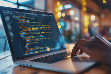 A software developer writes code to develop AI software on a laptop for a company.