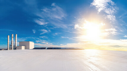 bright industrial rooftop with solar panels, showcasing clear blue sky and sun shining brightly. sce