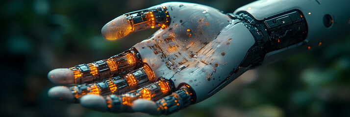 Fototapete - Futuristic robotic hand with advanced digital display and intricate electronic circuitry,showcasing the innovation and technology of intelligence and automation in the modern digital world.