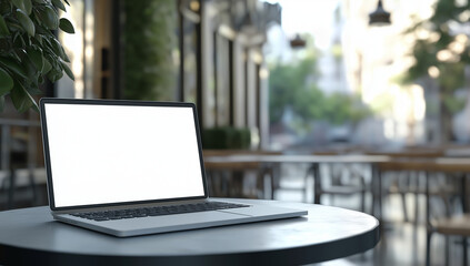 A laptop with empty screen on a table in green offfice for mockup template. 