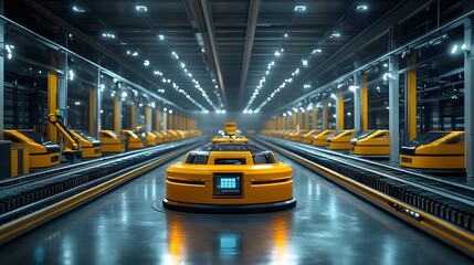 Poster - Massive futuristic airport hangar interior with rows of autonomous cargo vehicles and a high-tech transportation infrastructure. Efficient logistics and distribution at an industrial scale.