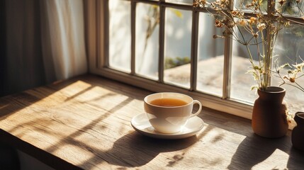 Wall Mural - Warm cup of tea by a window with soft morning sunlight