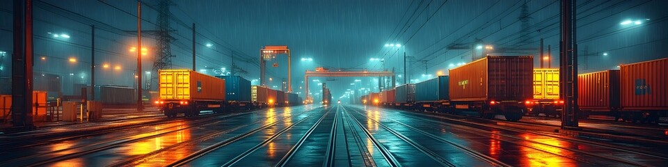 Poster - Nighttime scene of a freight train loaded with cargo containers passing through an illuminated urban industrial landscape with reflections on the wet streets. Concept of efficient logistics,shipping.