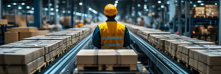 Poster - Organized warehouse interior with shelves,boxes,and workers in yellow safety vest,showcasing efficient logistics and distribution processes in a commercial facility.
