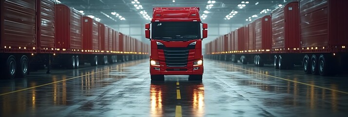 Poster - Powerful red truck parked in the center of a vast,dimly lit warehouse filled with rows of stacked cargo containers and freight equipment. The scene depicts a modern logistics and distribution center.