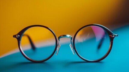 Wall Mural - Round eyeglasses with yellow and blue background