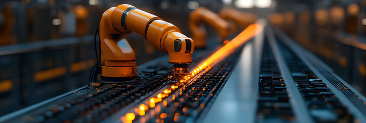 Leinwandbilder - Robotic arm manipulator machine in an automated industrial production factory setting. Futuristic technology,engineering,and mechanics concept for modern efficient manufacturing.