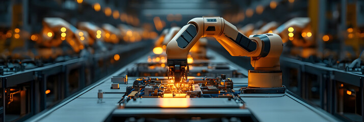 Poster - Robotic arm meticulously assembling a circuit board on a conveyor belt in a futuristic,highly automated factory setting with glowing orange lights.