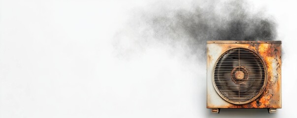 Rusty air conditioning unit emitting smoke against a clean wall, highlighting wear and potential malfunction isolated on white background.