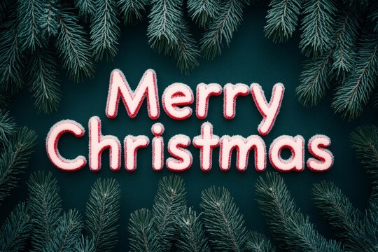 Merry Christmas spelled out in sparkling, frosty letters on a frozen pond, surrounded by tall pine trees dusted with snow.