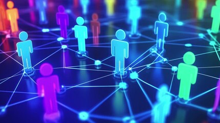 Poster - Colorful figures connected by lines illustrating social media networks and interactions	
