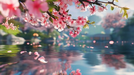 Wall Mural - Blooming Cherry Blossom Trees Over Water