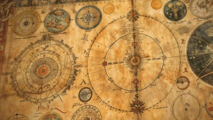 Ancient celestial map with intricate astronomical diagrams. Zodiac symbols, planetary orbits and constellations illustrated on aged parchment. Mystical charts blend science and astrology in wallpaper