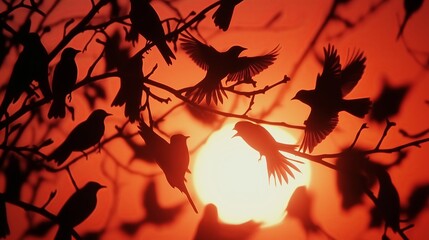 Poster - Birds in Silhouette Flying Across an Orange Sky