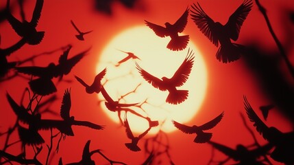 Aufkleber - Birds in Silhouette Flying Across an Orange Sky