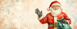 © olenap - Vintage painted christmas post card with happy Traditional santa claus holding bag of gifts. vintage antique retro style. Festive background. Home Xmas time. Greeting card or banner copy space