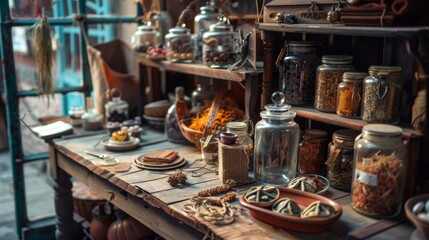 Wall Mural - Vintage Apothecary Jars on Rustic Wooden Table with Dried Herbs