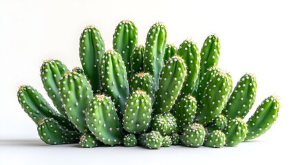 Poster - Vibrant Green Prickly Cactus Cluster in Minimal Natural Composition. Close-up of a group of various succulent cactus plants with spiky thorns and textured patterns against a plain white background.