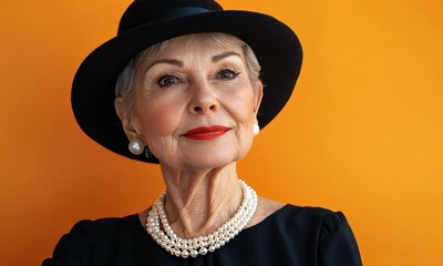 Wall Mural - A fashionable elderly 60-year-old woman with a stylish hat and white pearl necklace pose with confidence against a vibrant orange background