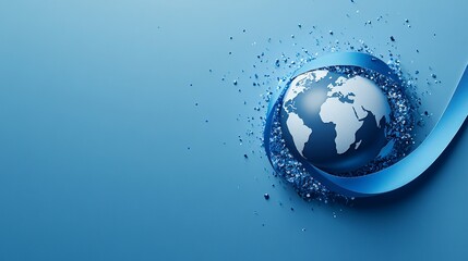 Poster - concept of world diabetes day , the world is surrounded by a blue ribbon pin , free space on the lef