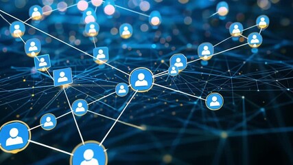 Poster - Complex network connections are glowing on a dark blue background with data points forming a map and user icons. The concept illustrates data protection and cybersecurity