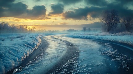 Wall Mural - A snowy road in the middle of a snowy field