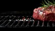 © maesarin - Close up view of a raw marbled T bone steak seasoned with coarse salt cracked black pepper and fresh rosemary sprigs all set on a hot grill grate and ready to sizzle and char for a delicious