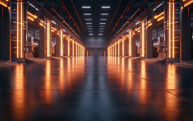 Leinwandbilder - A futuristic corridor illuminated by glowing orange lights, showcasing a sleek, modern design with a polished floor and a sense of depth.