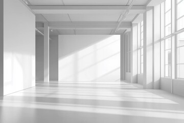Blank white wall mockup in sunny modern empty gallery, 3d rendering. Clear big stand mock up in museum with contemporary art exhibitions. Large hall interior with wide banner exposition template.	