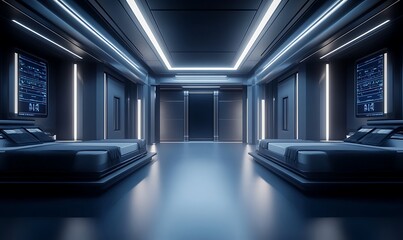 Poster - A sleek, futuristic interior featuring two beds with ambient lighting, large windows, and a clean, minimalist design.