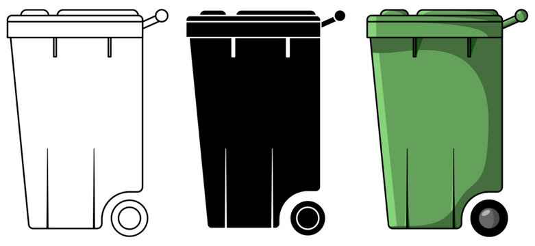Set of Wheelie Bin flat vector elements in black and white and colour cartoon versions isolated on a transparent background